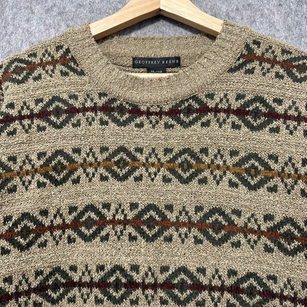 Vintage GEOFFREY BEENE Mens XL Geometric Pattern Crewneck Sweater‎ Tan Brown